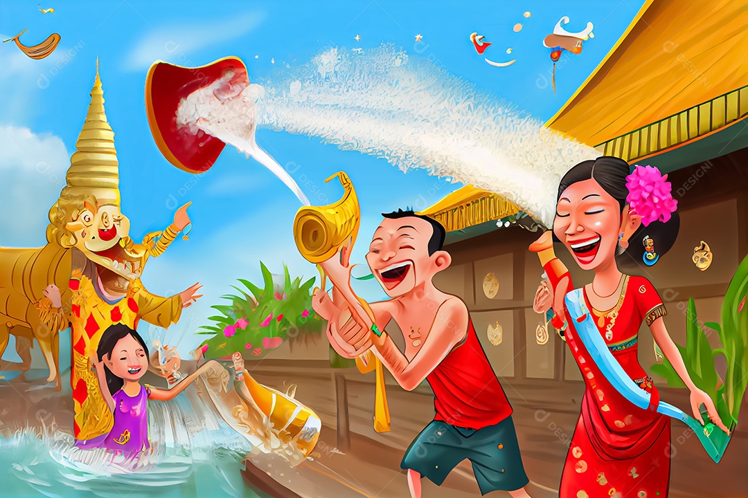 Crianças dos desenhos animados espirrando água na tradição tailandesa do festival songkran