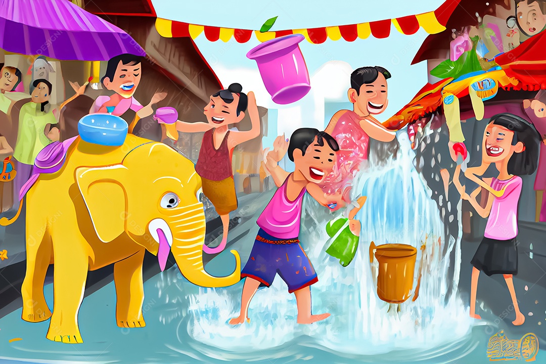 Crianças dos desenhos animados espirrando água na tradição tailandesa do festival songkran