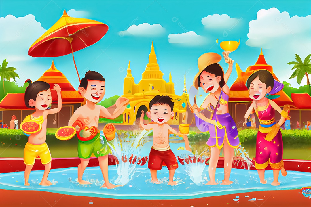 Crianças dos desenhos animados espirrando água na tradição tailandesa do festival songkran