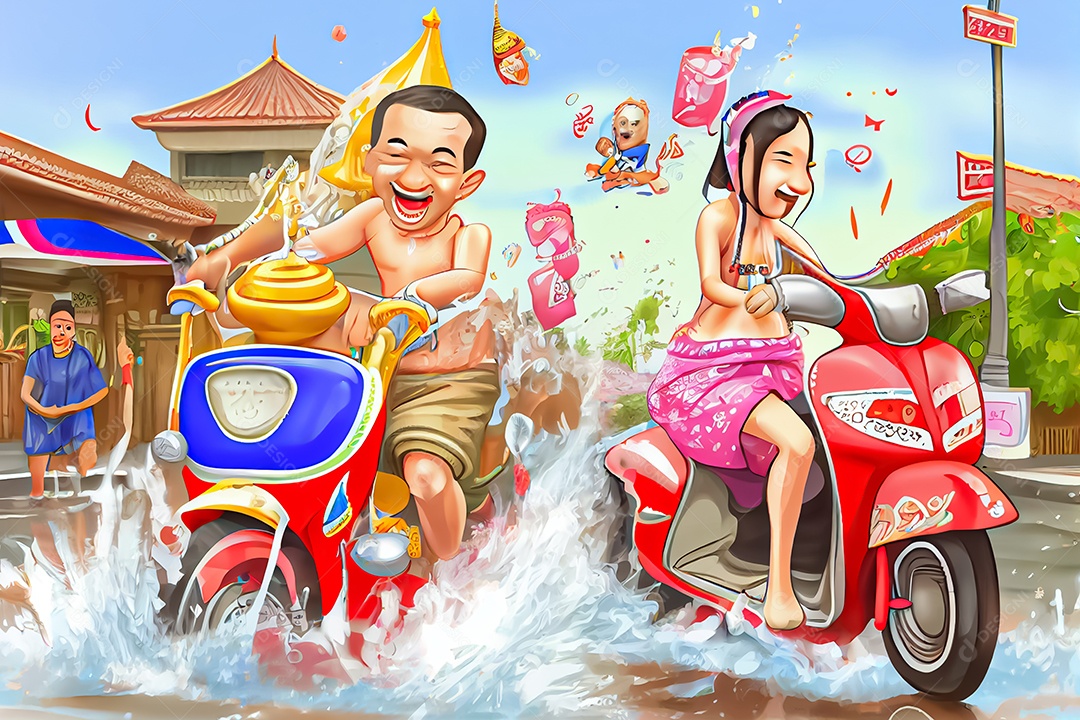 Crianças dos desenhos animados espirrando água na tradição tailandesa do festival songkran