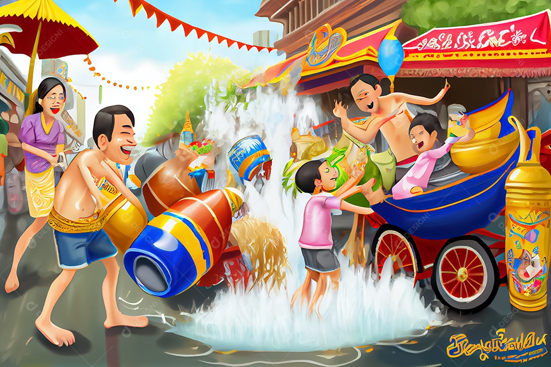 Crianças dos desenhos animados espirrando água na tradição tailandesa do festival songkran