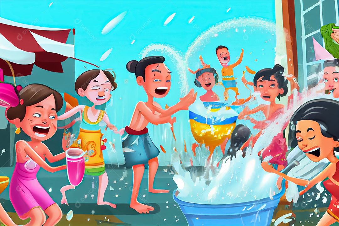 Crianças dos desenhos animados espirrando água na tradição tailandesa do festival songkran