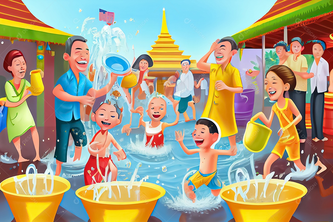 Crianças dos desenhos animados espirrando água na tradição tailandesa do festival songkran