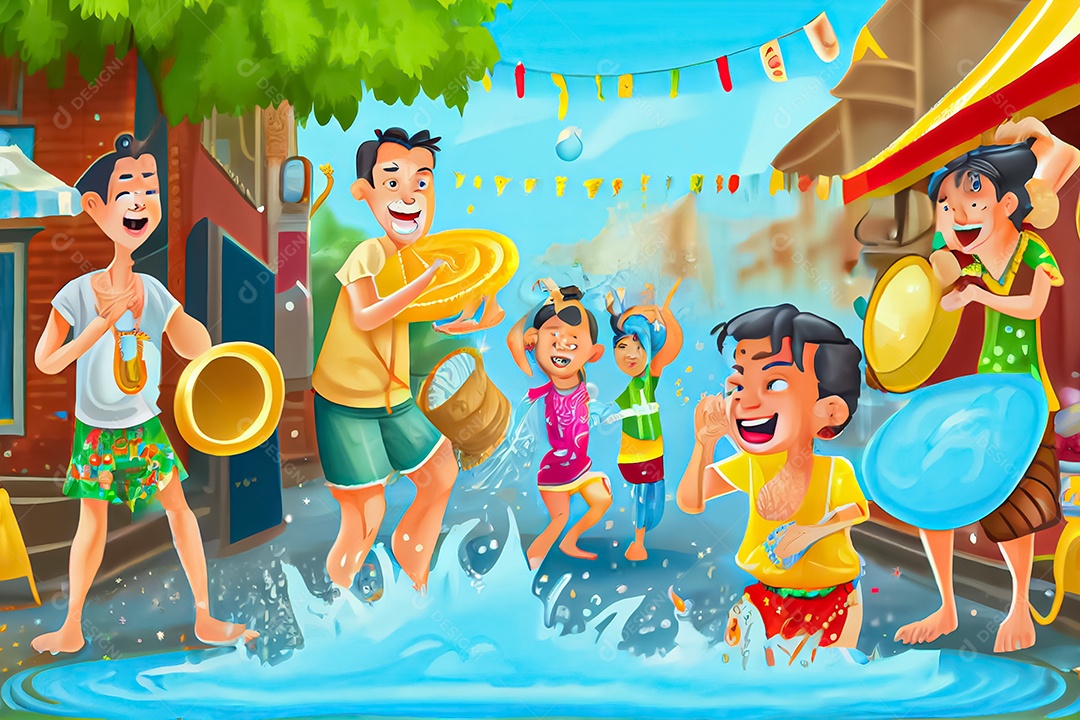 Crianças dos desenhos animados espirrando água na tradição tailandesa do festival songkran