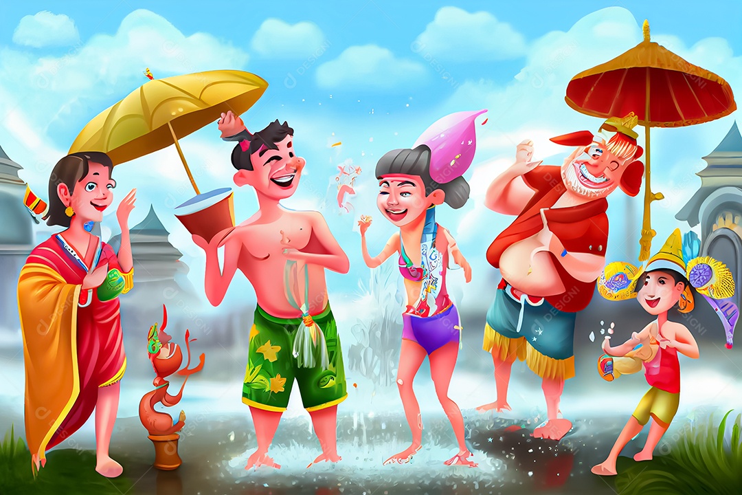 Crianças dos desenhos animados espirrando água na tradição tailandesa do festival songkran