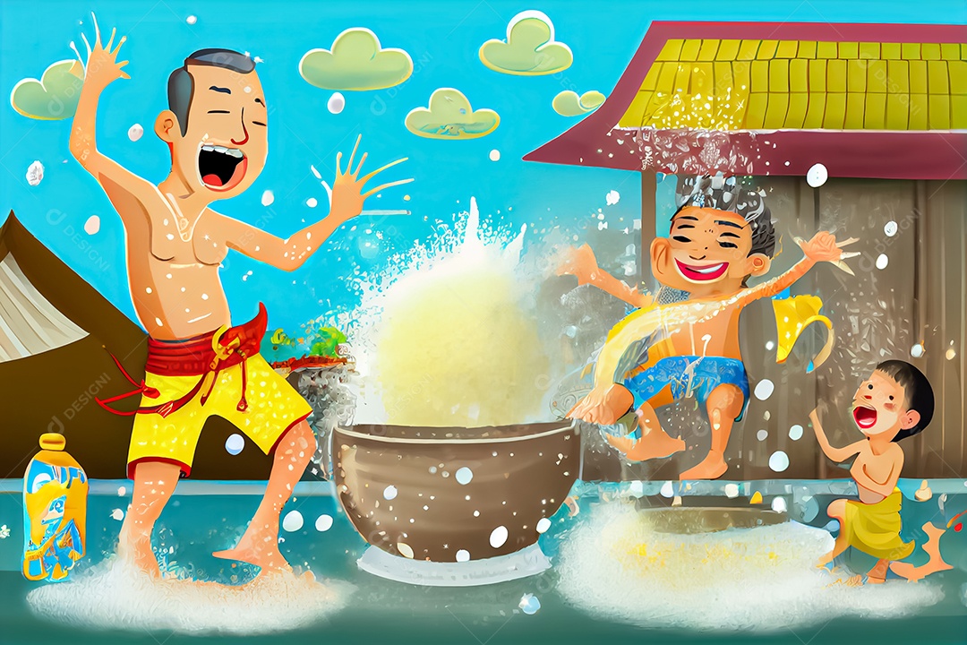 Crianças dos desenhos animados espirrando água na tradição tailandesa do festival songkran