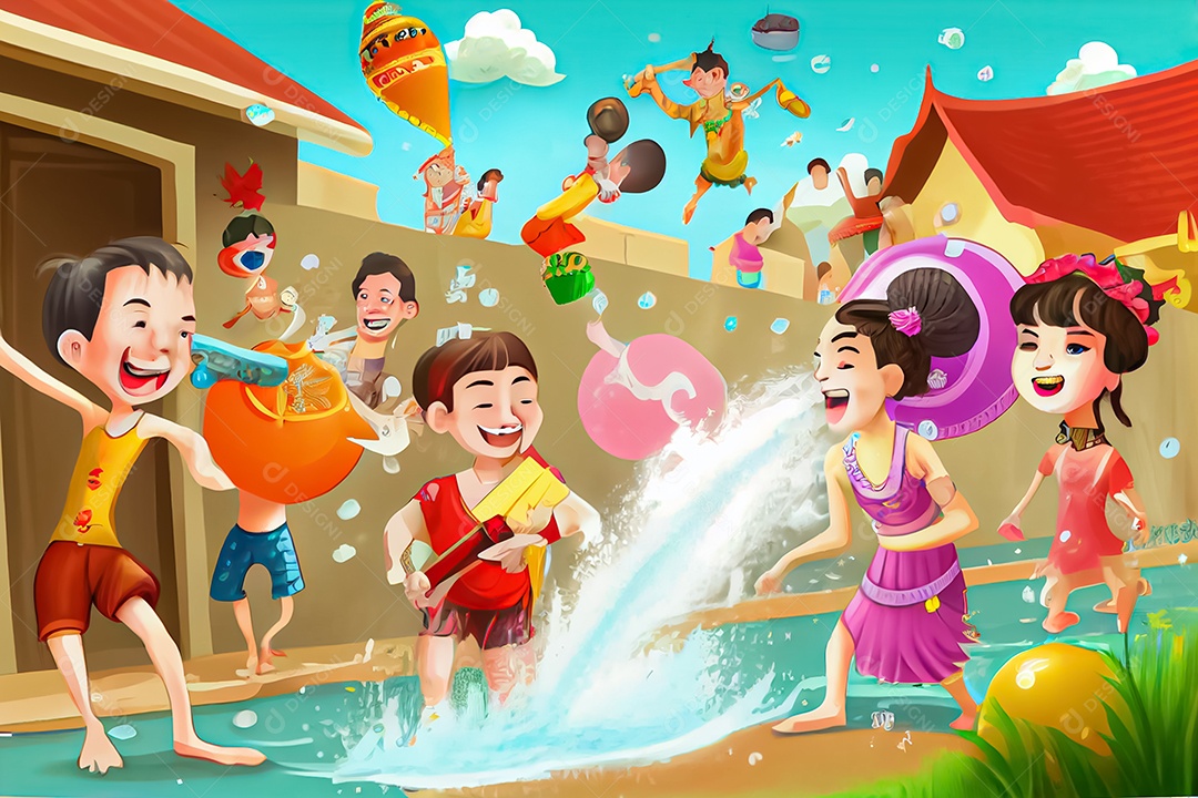 Crianças dos desenhos animados espirrando água na tradição tailandesa do festival songkran