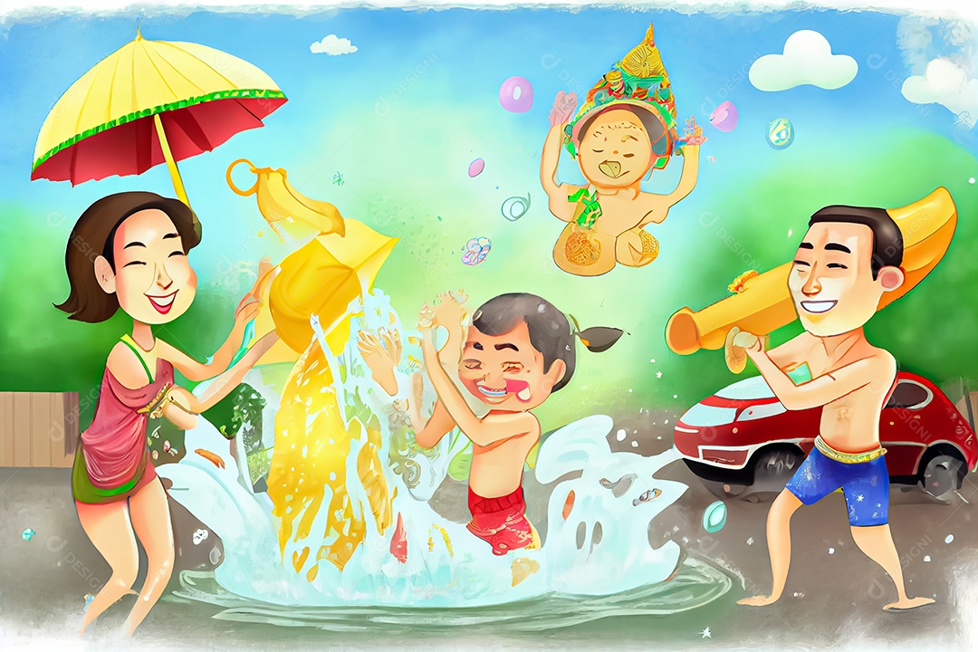 Crianças dos desenhos animados espirrando água na tradição tailandesa do festival songkran