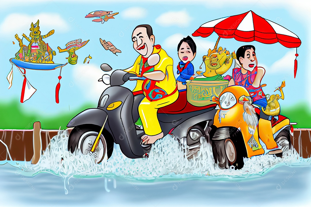 Crianças dos desenhos animados espirrando água na tradição tailandesa do festival songkran