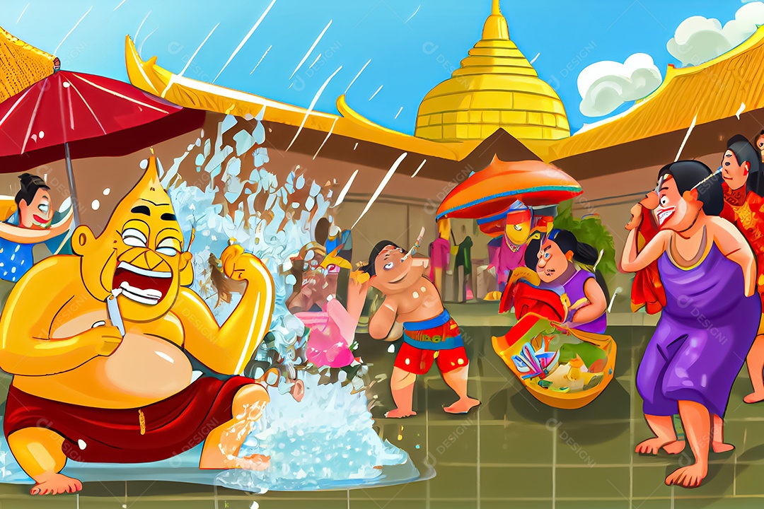 Crianças dos desenhos animados espirrando água na tradição tailandesa do festival songkran