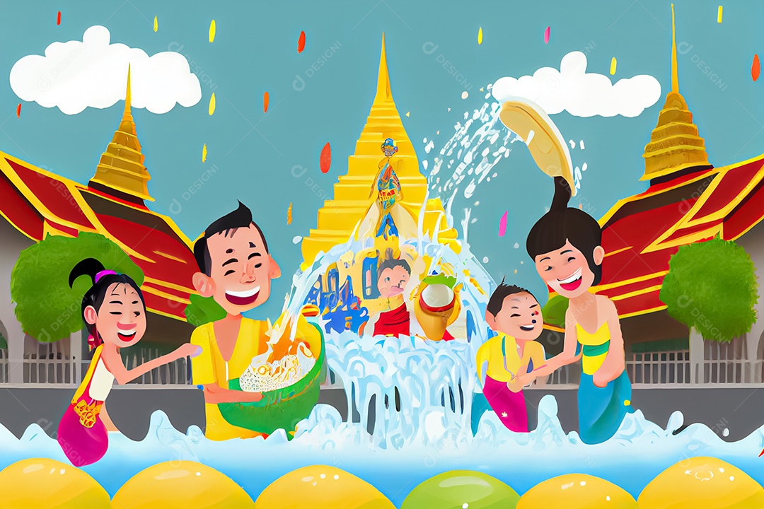 Crianças dos desenhos animados espirrando água na tradição tailandesa do festival songkran