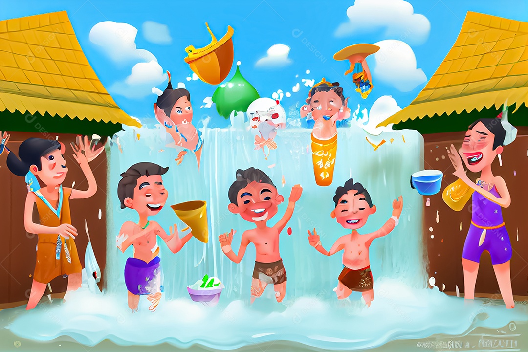Crianças dos desenhos animados espirrando água na tradição tailandesa do festival songkran