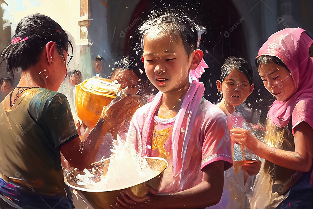 Crianças dos desenhos animados espirrando água na tradição tailandesa do festival songkran