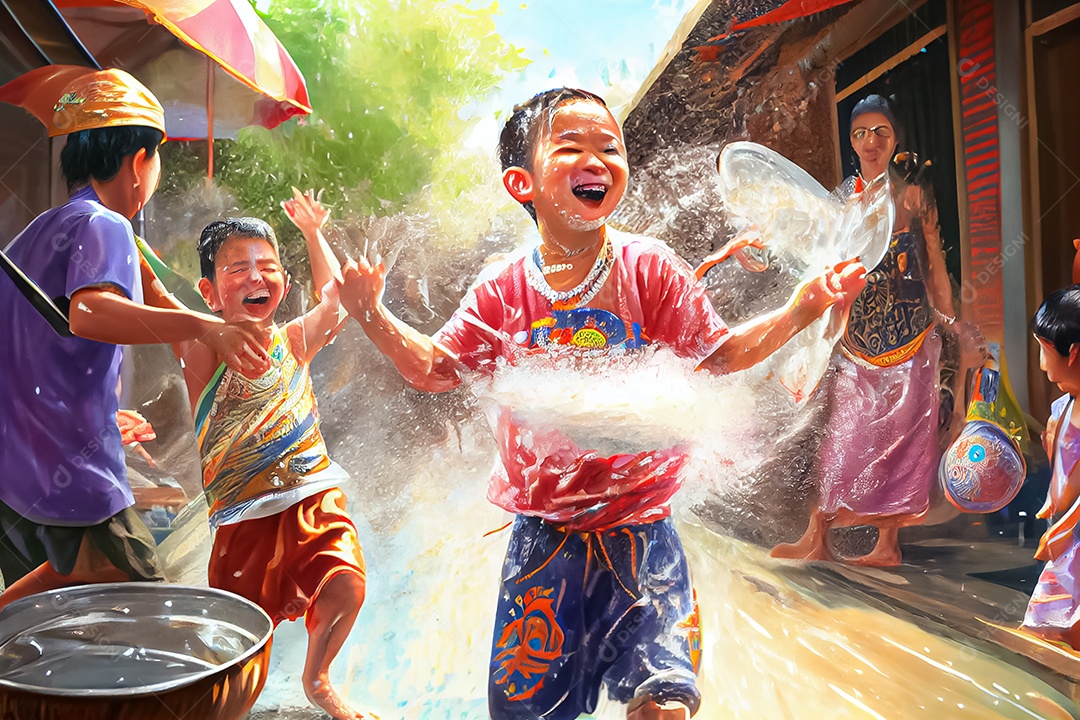 Crianças dos desenhos animados espirrando água na tradição tailandesa do festival songkran