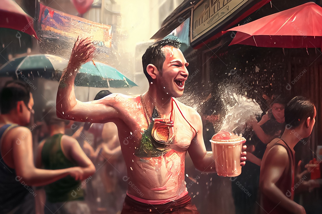 Crianças dos desenhos animados espirrando água na tradição tailandesa do festival songkran