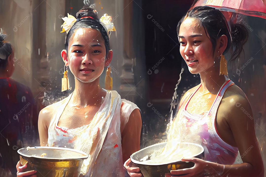 Crianças dos desenhos animados espirrando água na tradição tailandesa do festival songkran