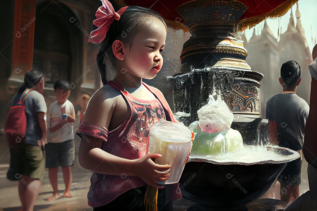 Crianças dos desenhos animados espirrando água na tradição tailandesa do festival songkran