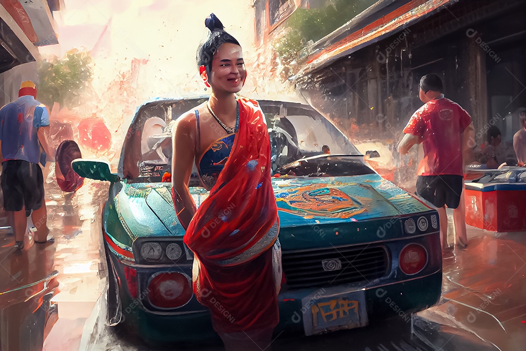 Crianças dos desenhos animados espirrando água na tradição tailandesa do festival songkran