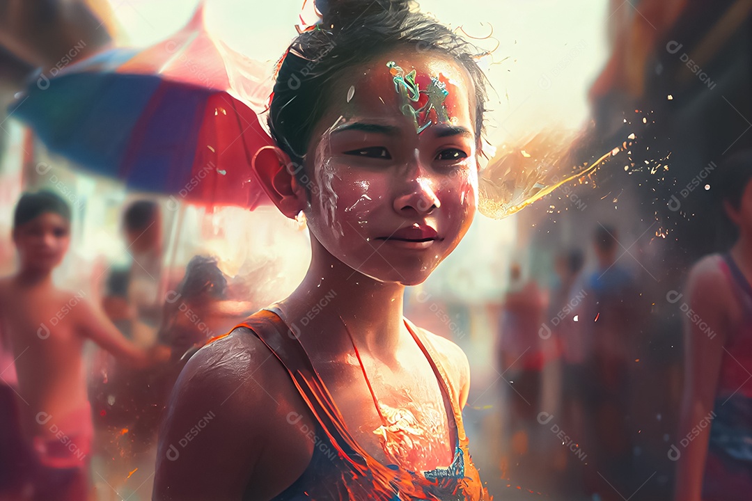 Crianças dos desenhos animados espirrando água na tradição tailandesa do festival songkran