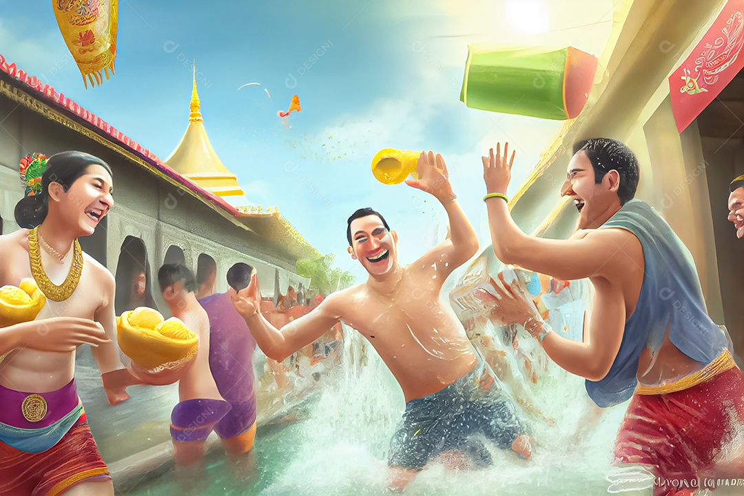 Crianças dos desenhos animados espirrando água na tradição tailandesa do festival songkran