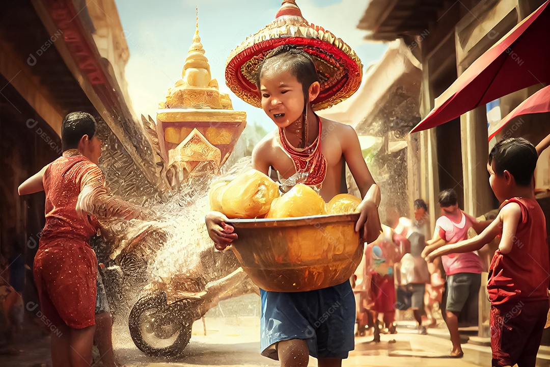 Crianças dos desenhos animados espirrando água na tradição tailandesa do festival songkran