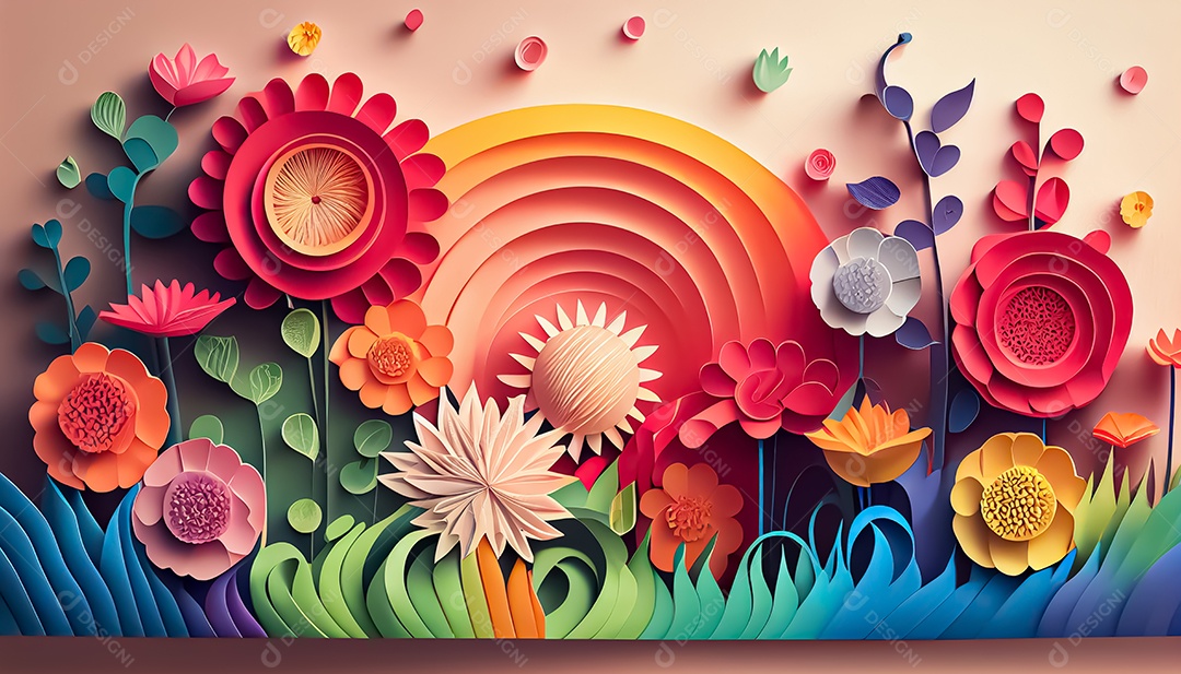 Fundo de primavera de arco-íris floral de estilo de papel