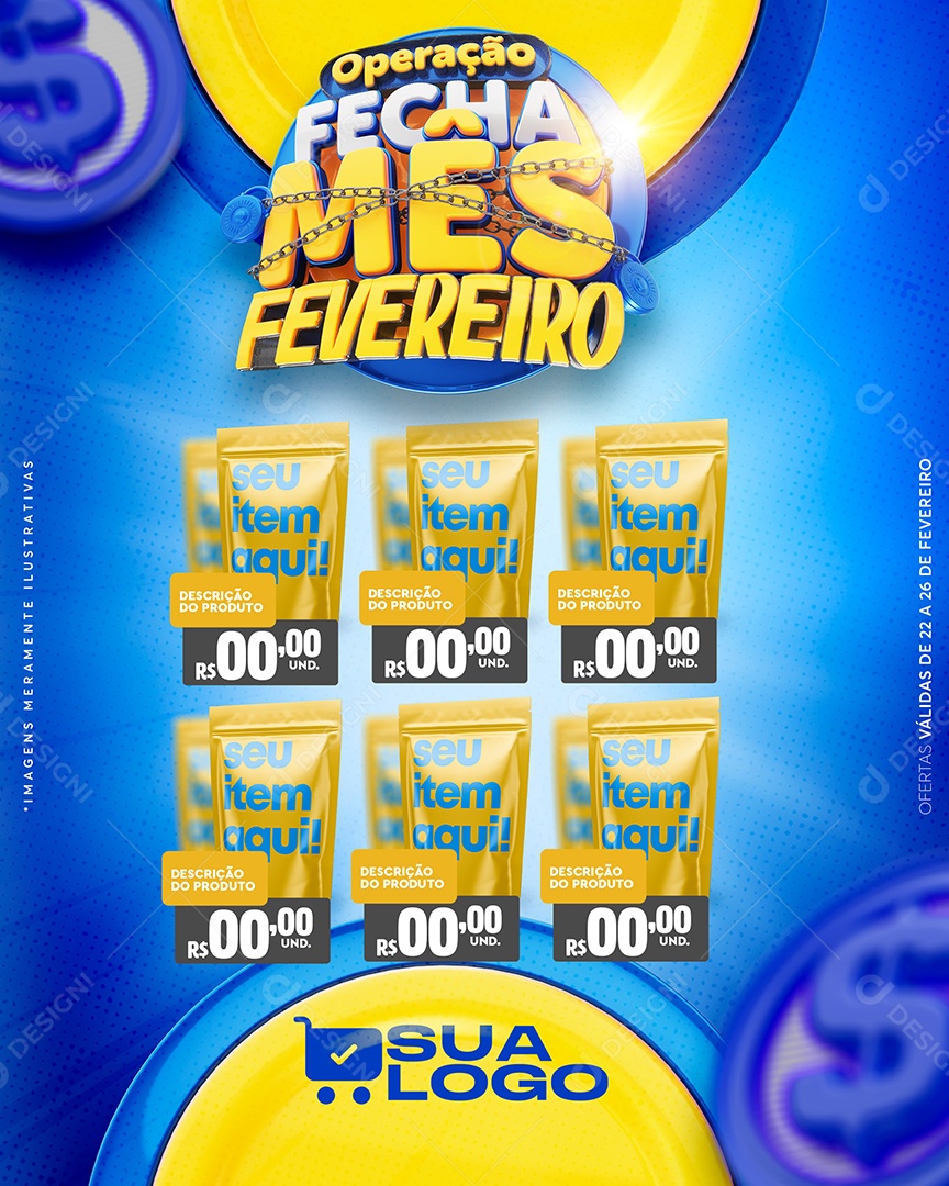 Post Social Media Fecha Mês Fevereiro Supermercado PSD Editável
