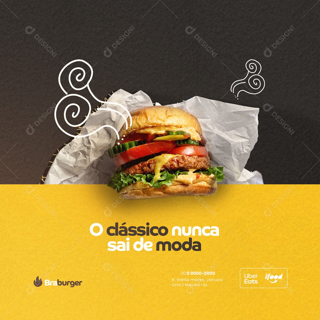 O Clássico Nunca Sai de Modo Hamburgueria Social Media PSD Editável