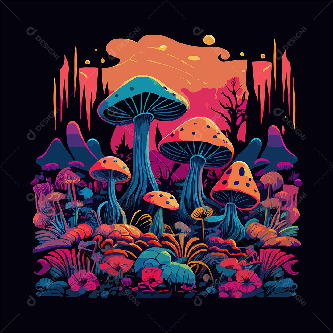 Ilustração Floresta Colorida Cogumelos Vetor EPS Editável