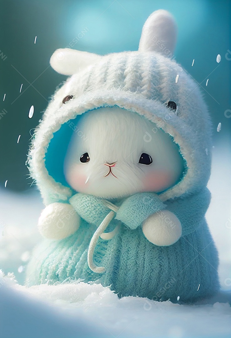 Ilustração de um coelho na neve com touca