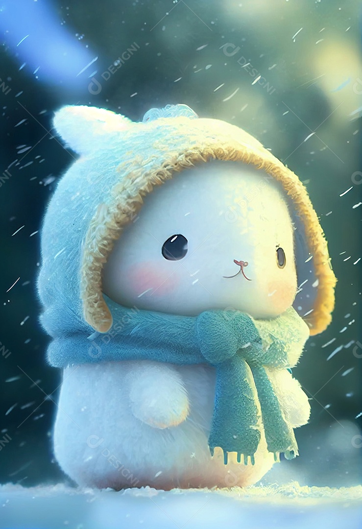 Ilustração de um coelho na neve com touca