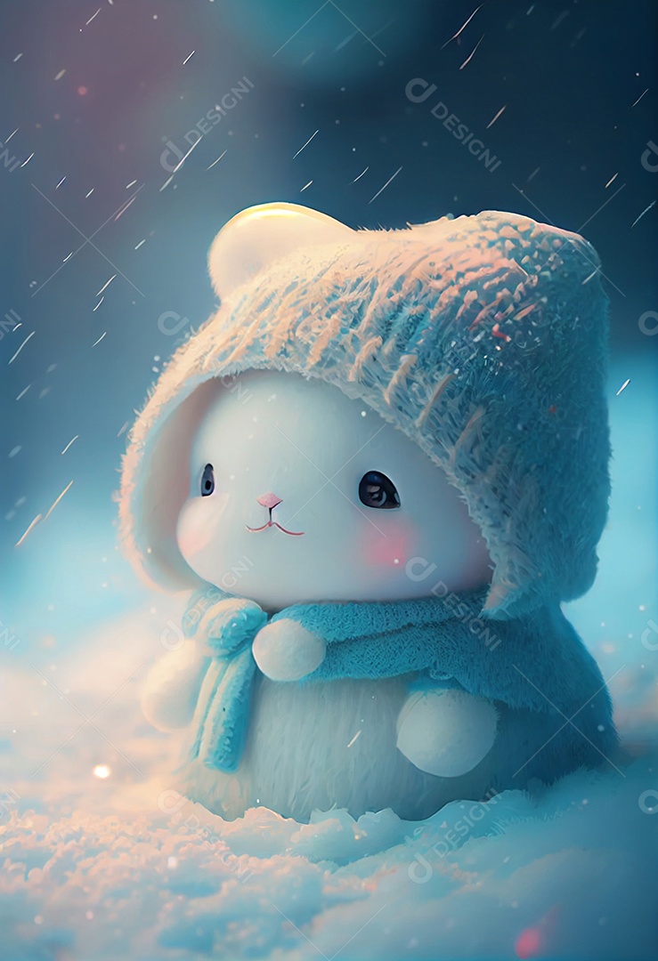 Ilustração de um coelho na neve com touca