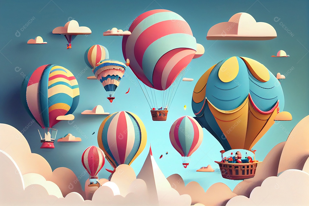 Ilustração balões coloridos voando no céu