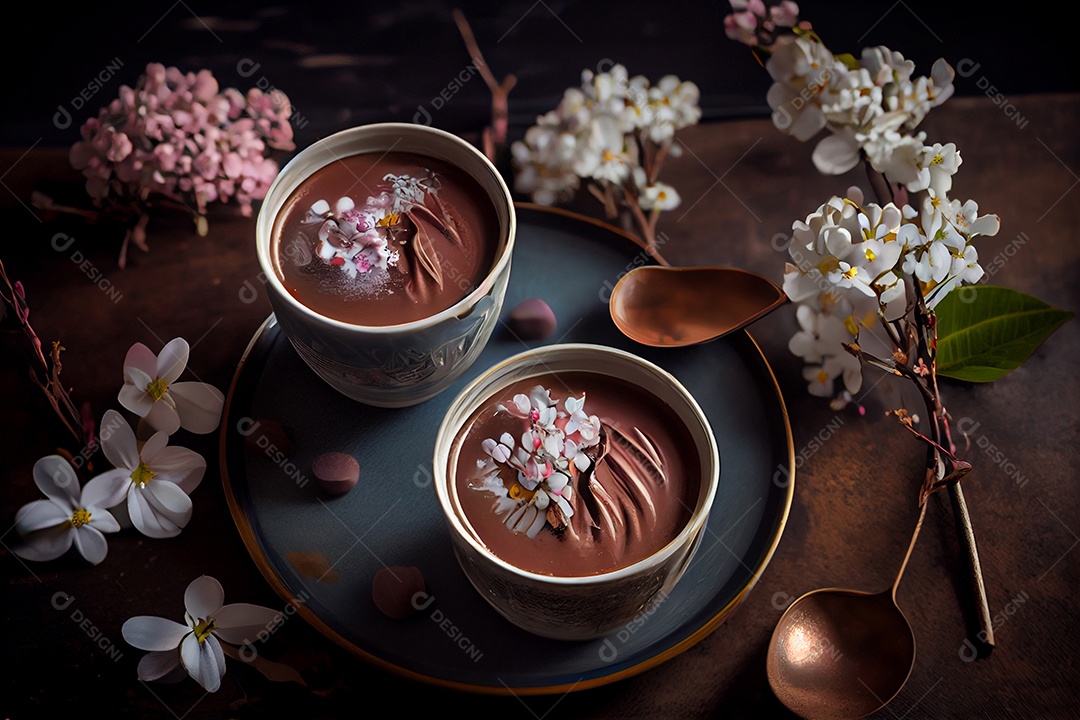 Ilustração xícaras de chocolate quente em mesa decorada com flores