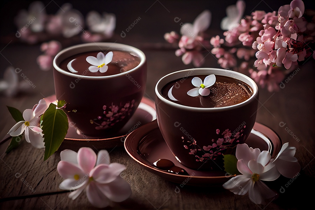 Ilustração xícaras de chocolate quente em mesa decorada com flores