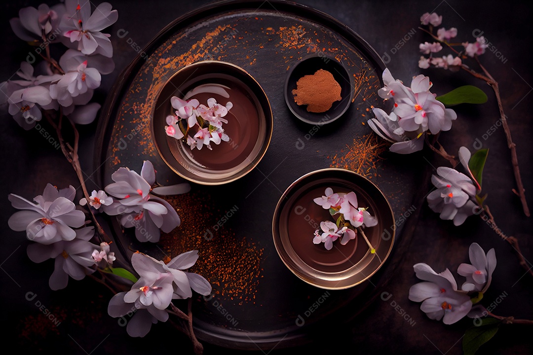 Ilustração xícaras de chocolate quente em mesa decorada com flores