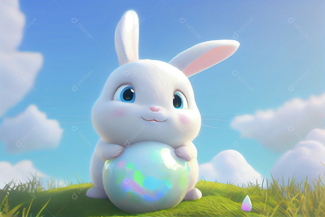 Ilustração bebê coelho brincando com bola