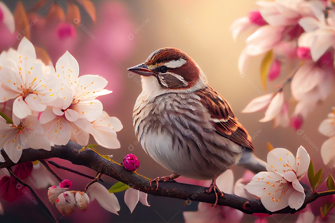 Ilustração pássaro pousado em um ramo de cerejeira