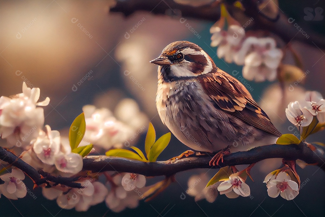 Ilustração pássaro pousado em um ramo de cerejeira