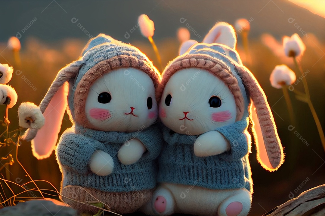 Ilustração par de coelhos fofos de touca