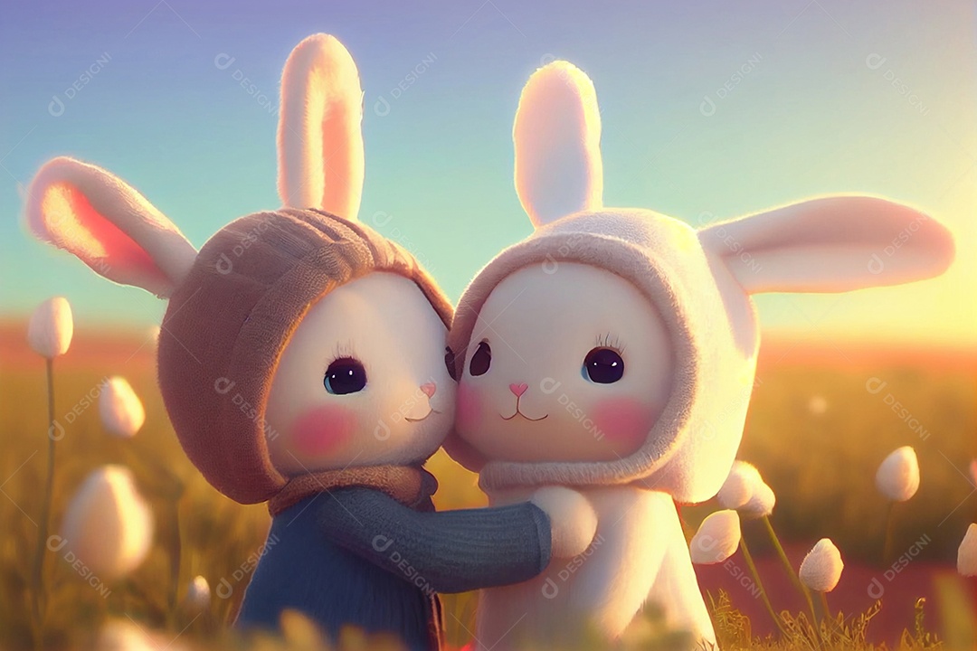 Ilustração par de coelhos fofos de touca