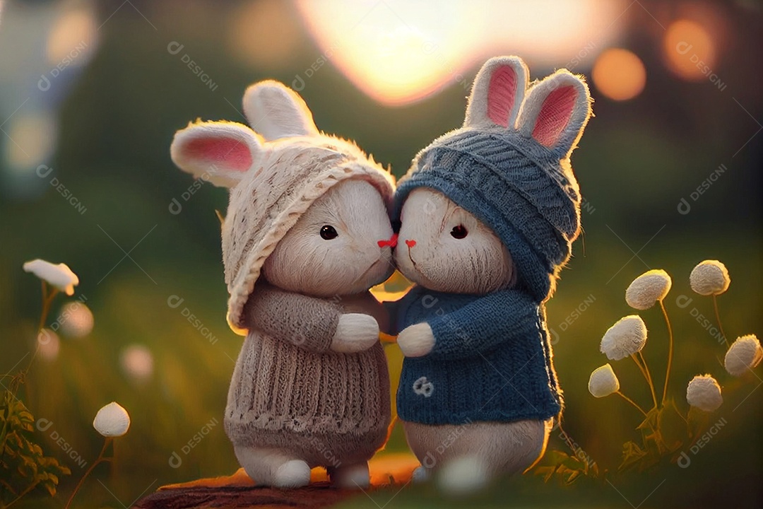 Ilustração par de coelhos fofos de touca