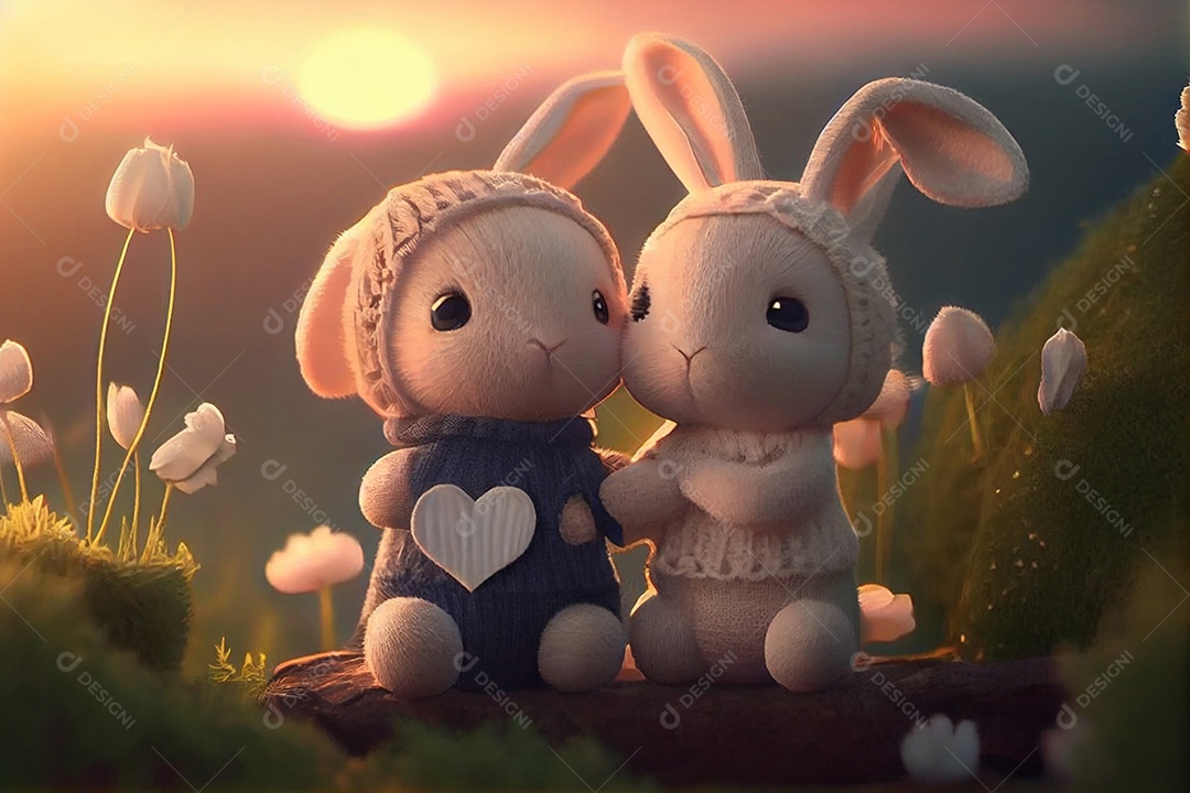 Ilustração par de coelhos fofos de touca