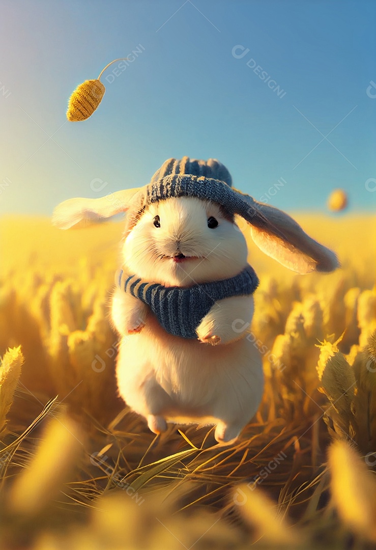 Ilustração de um coelho de touca brincando em um campo de flores amarelas