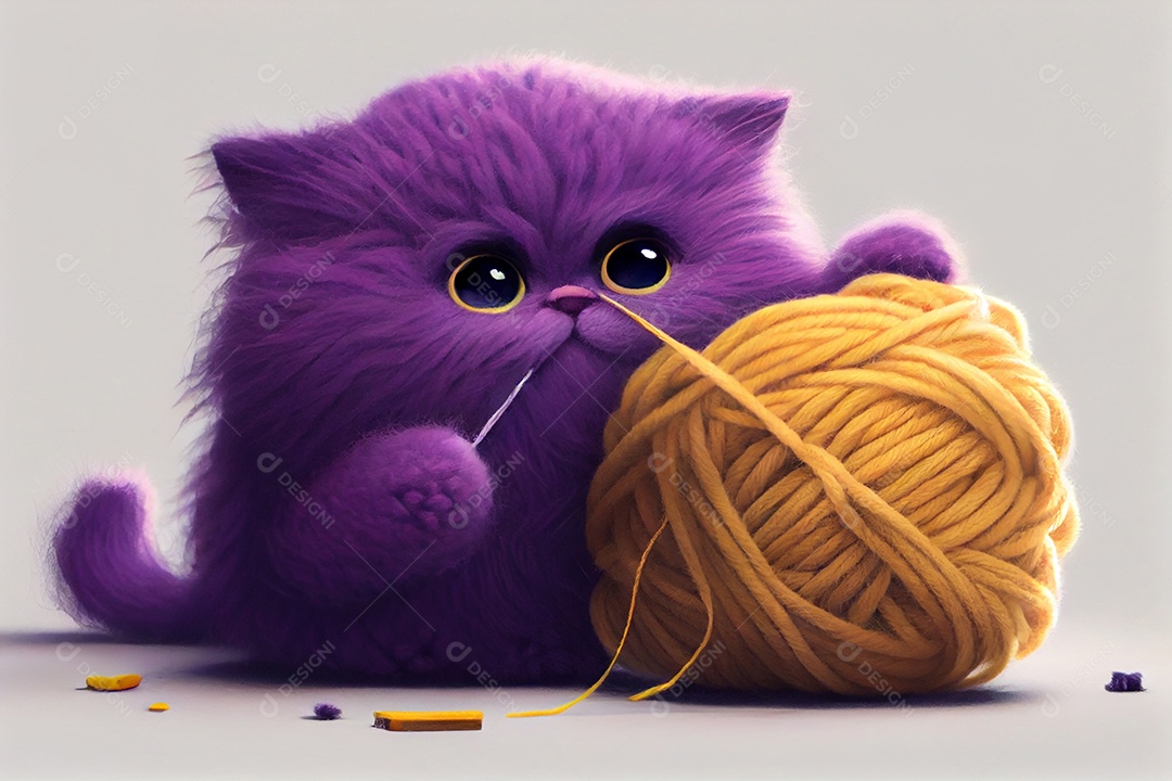 Ilustração gato roxo brincando com novelo de linha