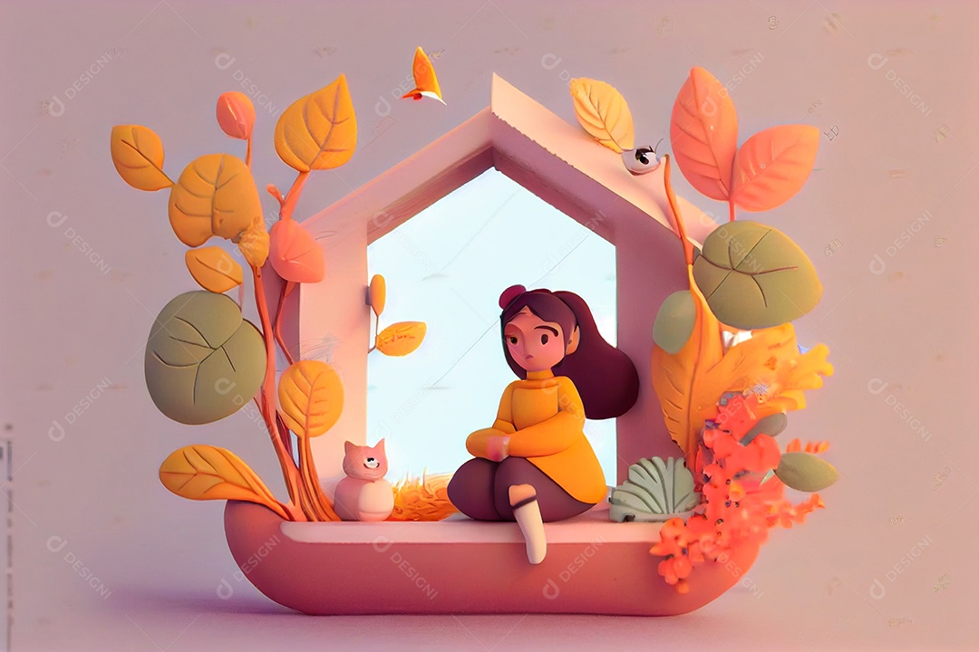 Desenho menina sentada na janela com seu gato de estimação