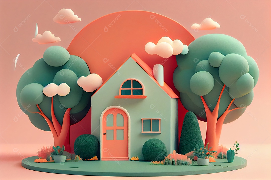 Ilustração 3D casa com jardim