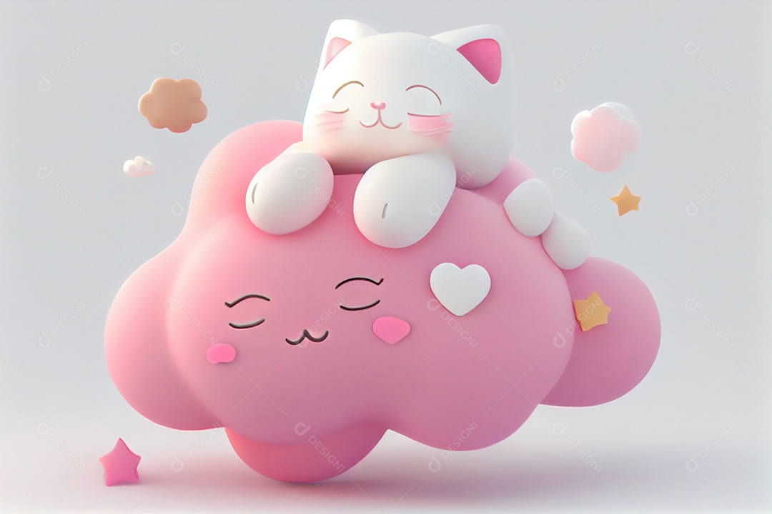 Ilustração 3D gato fofo na nuvem