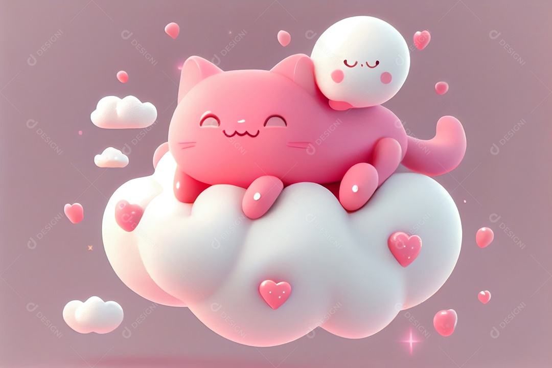 Ilustração 3D gato fofo na nuvem