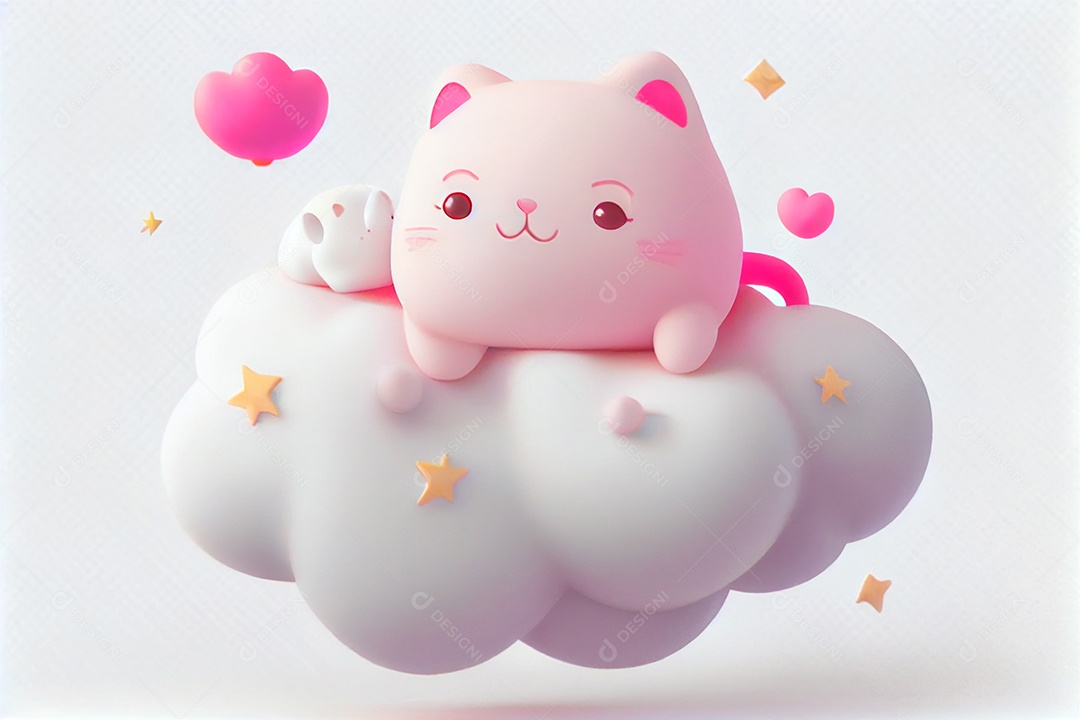 Ilustração 3D gato fofo na nuvem